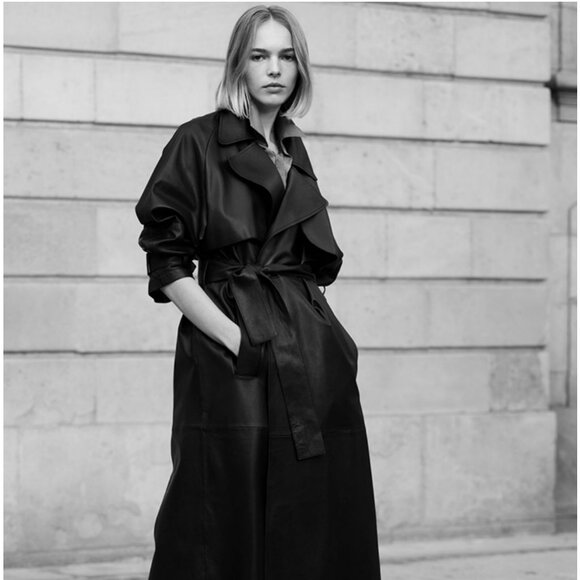 Massimo Dutti Minimalist Tie-Front Women's Black Trench Coat Size S - Picture 8 of 13